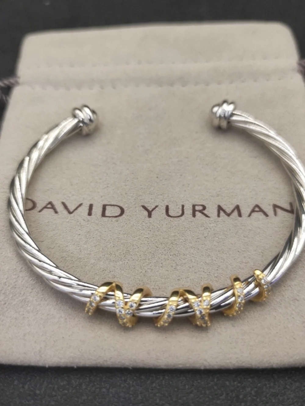 David Yurman Two-Tone Silver Cable Cuff with Gold Pavé Wraps